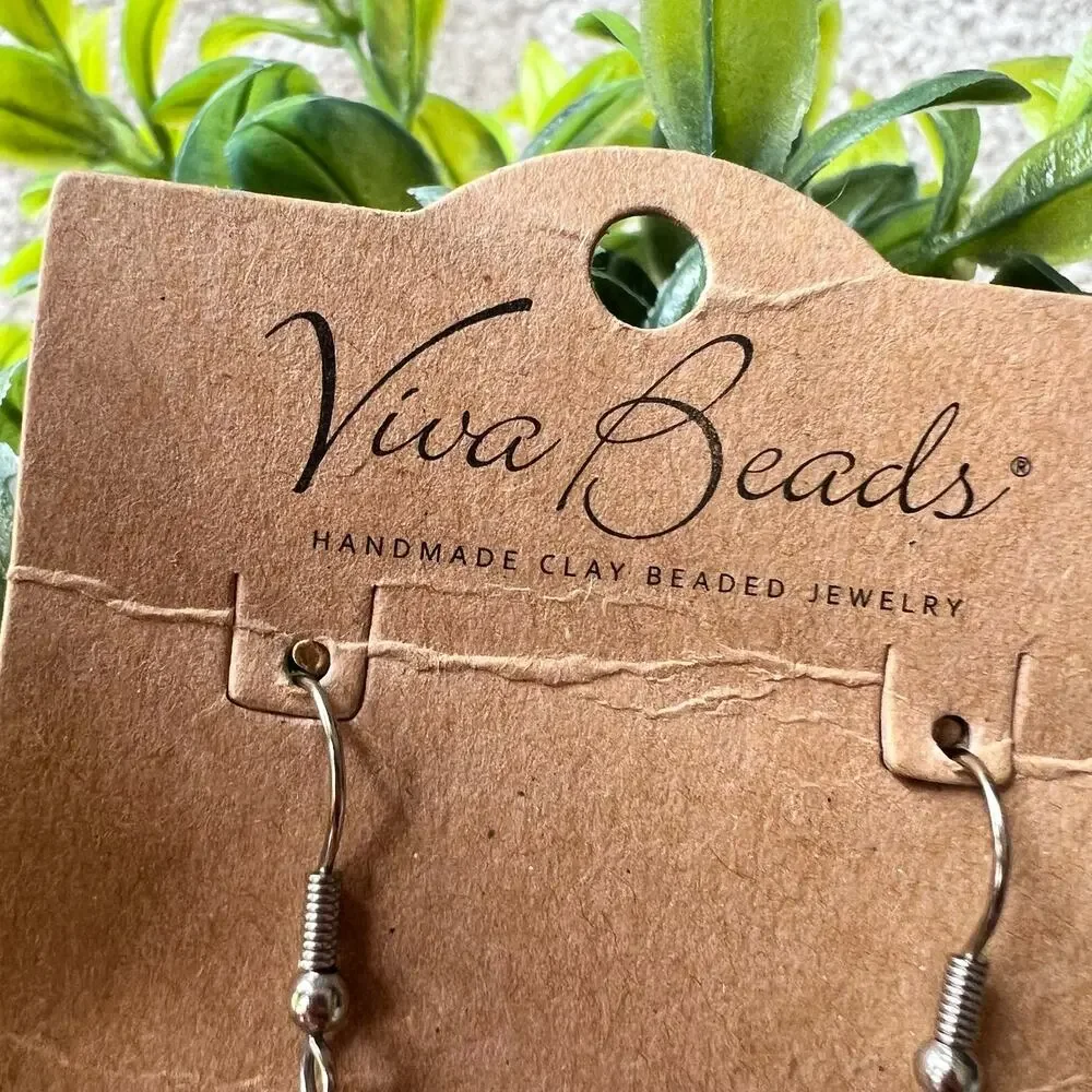 NEW Viva Beads Handmade Clay Round Yellow Floral Print Dangle Earrings